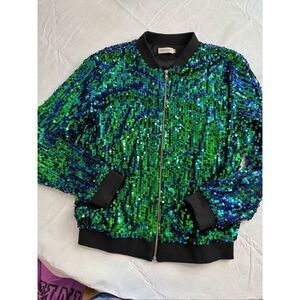 Anna-Kaci Sparkly Sequin Jacket Glitter Long Sleeves Zip Up Bomber Medium